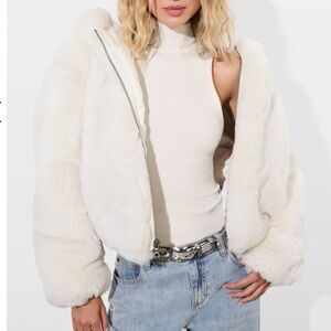 Alice+Olivia Rowe White Faux Fur Bomber